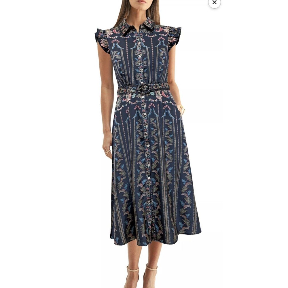 Adelyn Rae Women’s Karly Ruffled Shirt Midi Dress Navy Floral Size L Belt Lined
